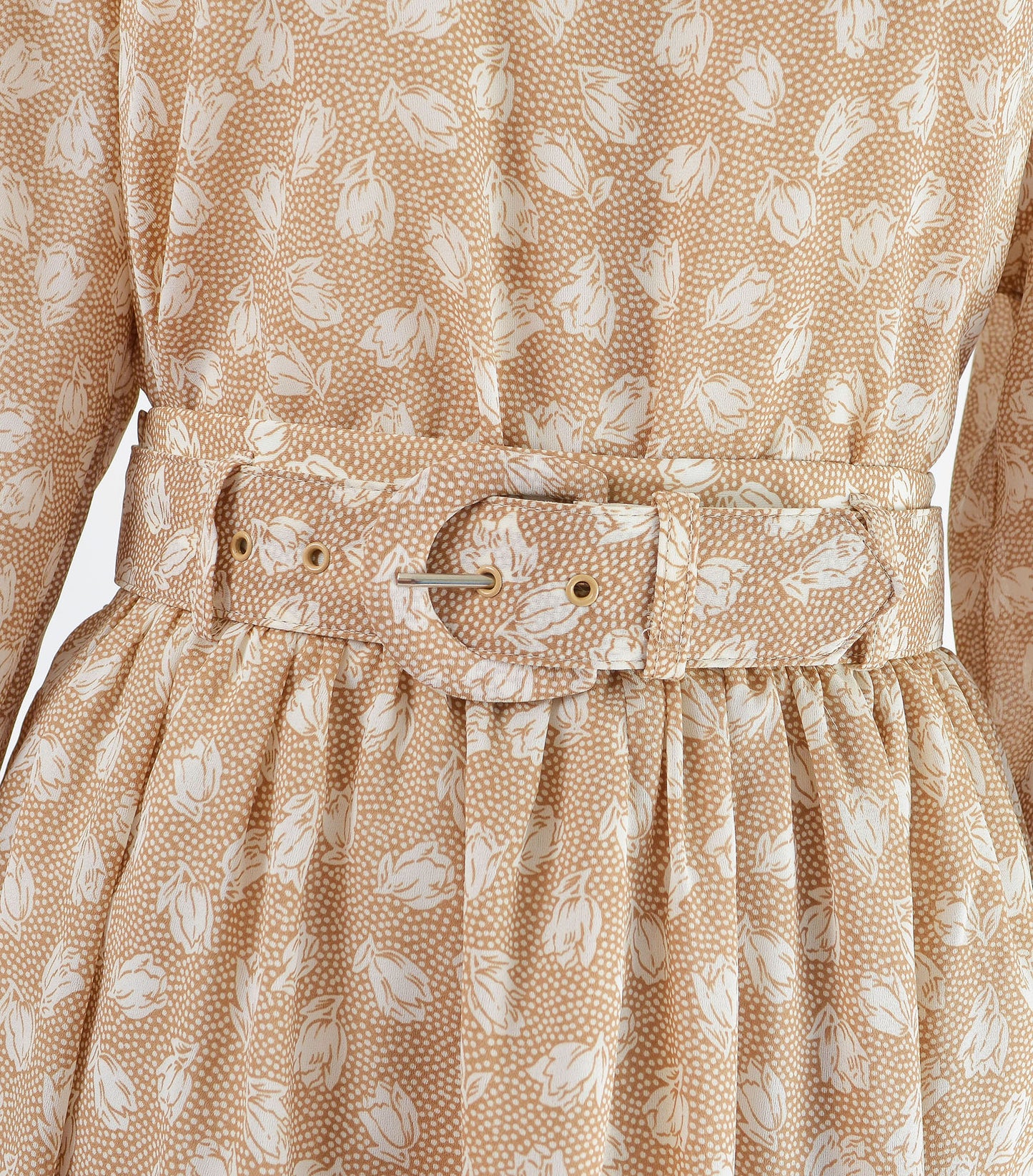 Tan and white floral set. Close up view of belted waist.