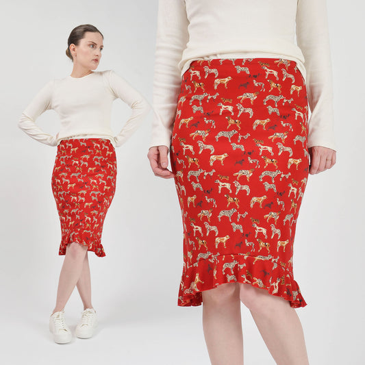 Vintage Y2K red dog print stretchy skirt with ruffle hem.