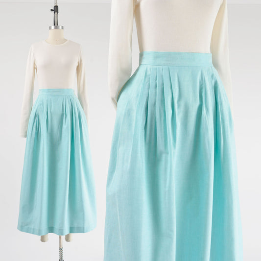 Vintage 80s Seafoam Green Oxford Cotton Full Pleated Maxi Skirt with Pockets size M