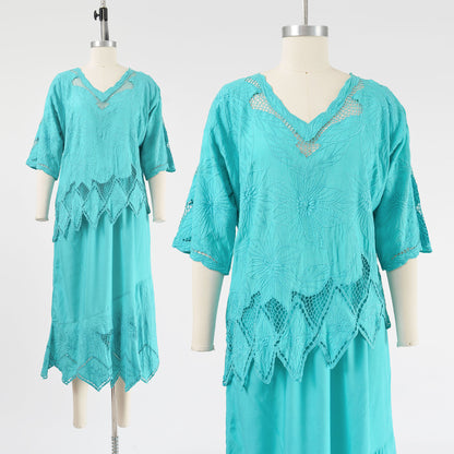 Vintage 90s Aqua Embroidered Bali Cut Lace Top and Skirt Two Piece Set Outfit size S M