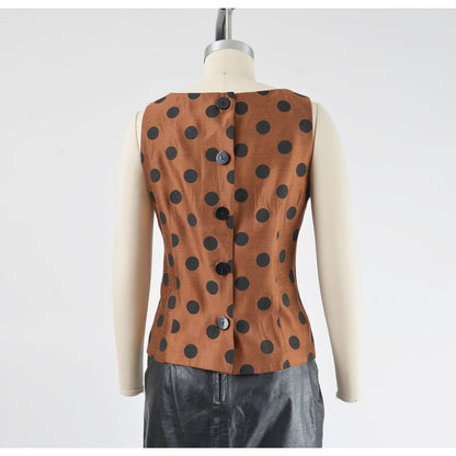 Vintage 90s Y2K Polka Dot Top Brown and Black Button Down Back Sleeveless Blouse size Medium