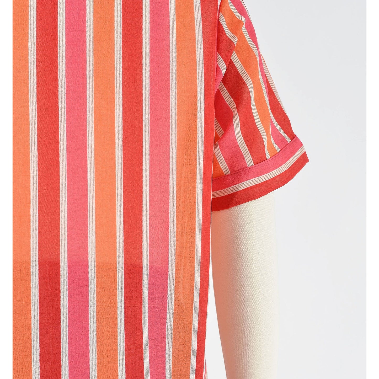 Vintage 70s Sheer Striped Tie Neck Blouse Pink and Orange Short Sleeve Top XS S