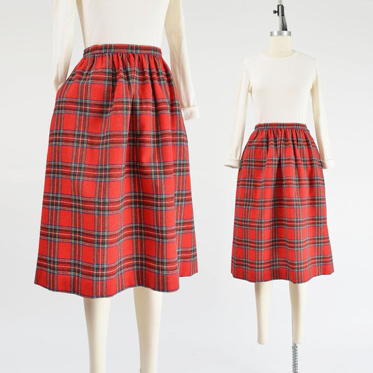 Vintage 70s Red Tartan Plaid Wool Blend Preppy Full Midi Skirt with Pockets size Small