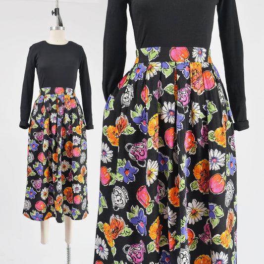 Vintage Black Floral Pottery Print Full Midi Skirt with Pockets size M