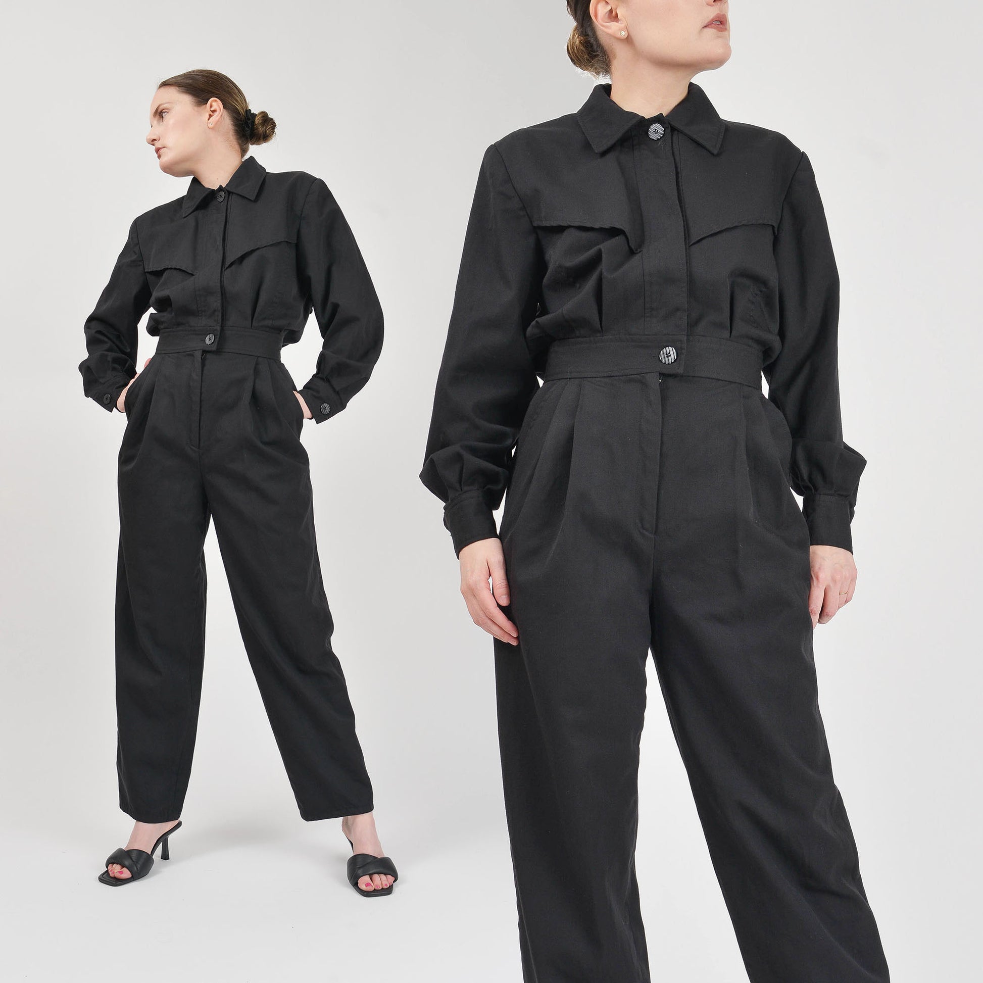 Vintage 80s black wool jumpsuit collared button front pantsuit.