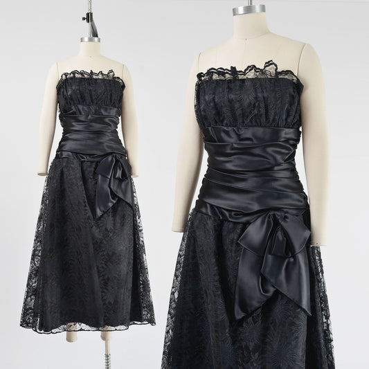 Vintage 80s Black Lace Shelf Bust Strapless Satin Bow Formal Prom Party Dress size M