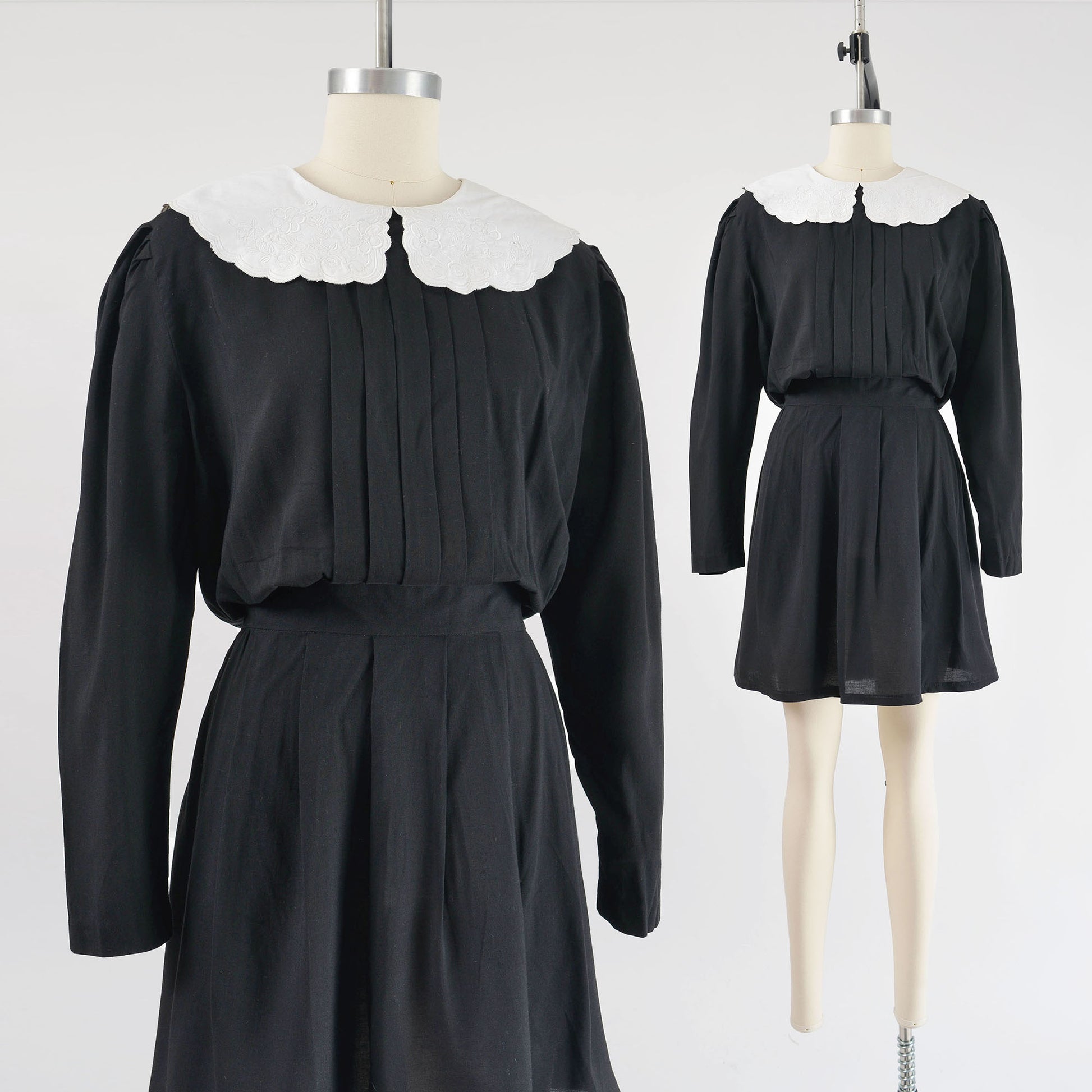 Vintage 90s black blouson dress with white embroidered collar. 