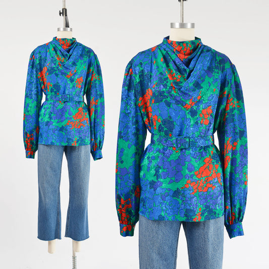 Vintage 80s Blue Silky Floral Cowl Neck Blouse with Belt size L XL