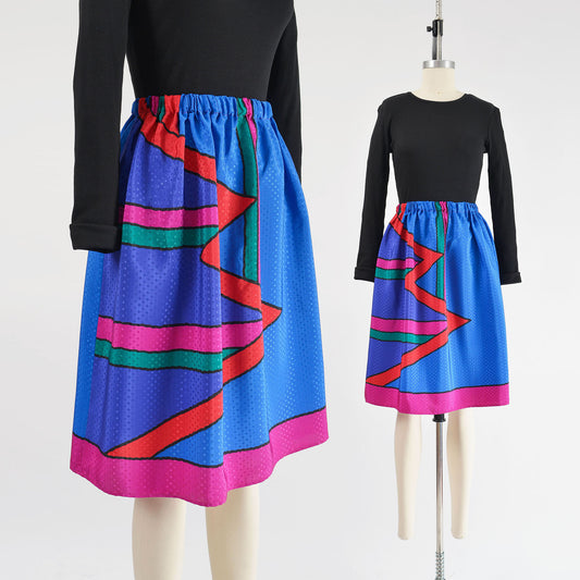 Vintage 80s Blue Colorful Geometric Striped Elastic Waist Skirt size XS S