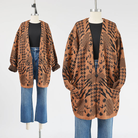 Vintage 90s houndstooth animal print lambswool knit sweater cardigan. 