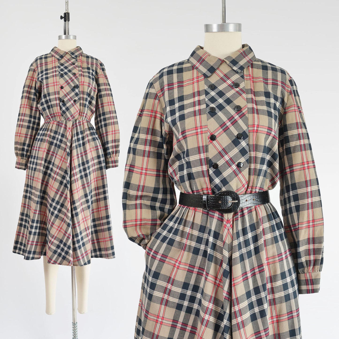 Vintage 80s tan and black plaid cotton shirt dress. Collared neckline. Full skirt. Midi length.