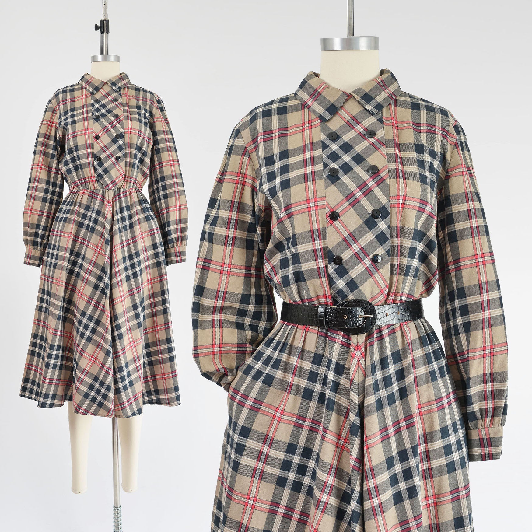 Vintage 80s tan and black plaid cotton shirt dress. Collared neckline. Full skirt. Midi length.