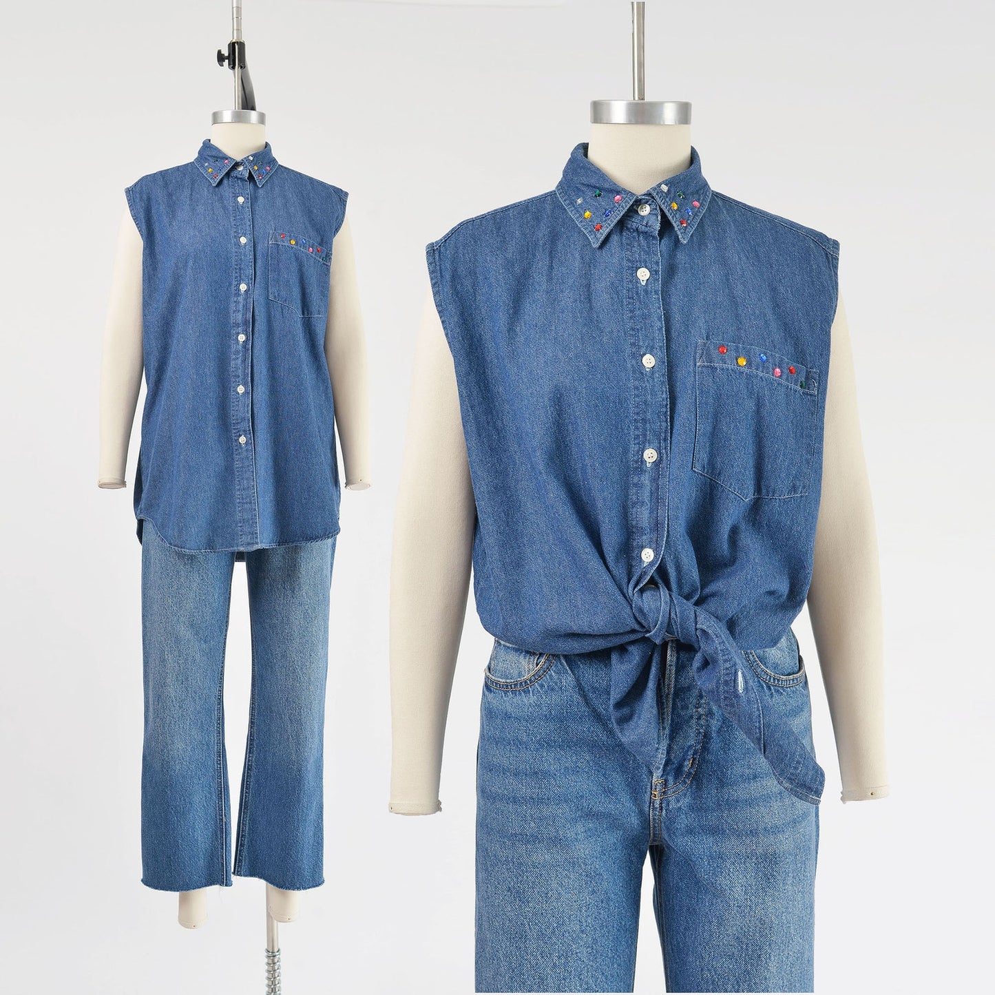 Vintage 90s Denim Sleeveless Shirt Rhinestone Collared Button Down Blouse Blue Cotton Chambray Top size M L