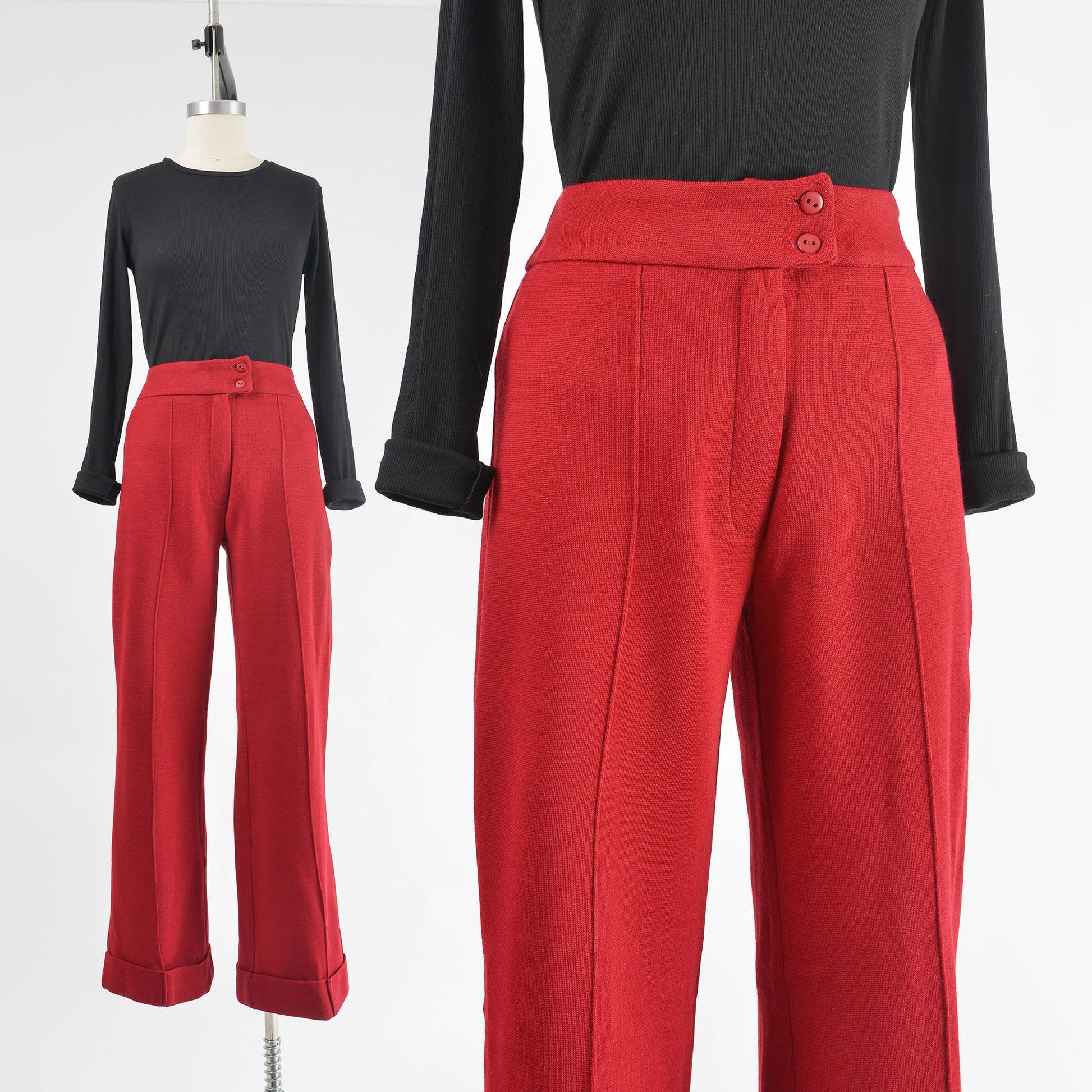 Vintage 70s dark red wool knit high waisted trouser pants.