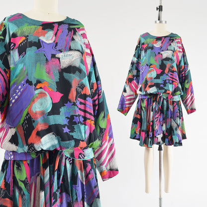 Vintage 80s Carole Little Abstract Artsy Print Blouson Fit Drop Waist Dress size M