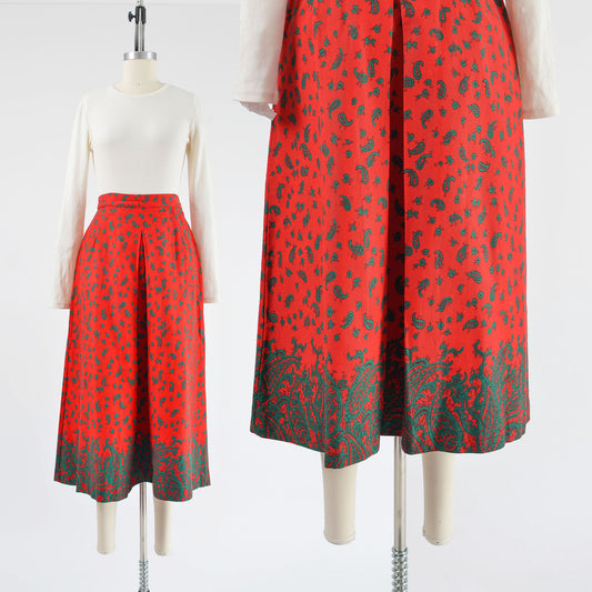 Vintage 80s Red and Green Paisley Cotton A-line Pleated Midi Skirt size S