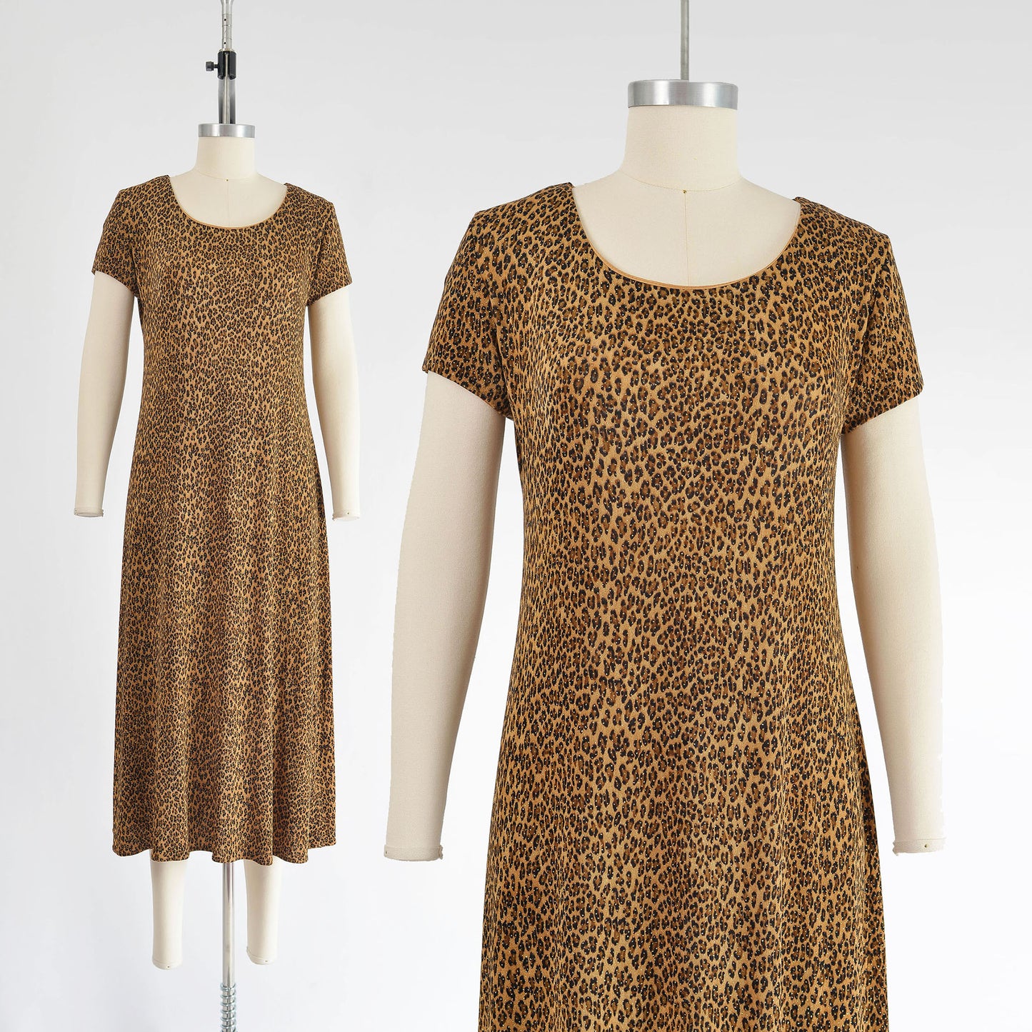 Vintage 90s Leopard Animal Print Slinky Knit A-line Midi Dress size S M