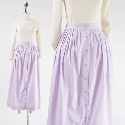 Vintage 80s Lavender Purple Cotton Full Button Front Maxi Skirt with Pockets size S