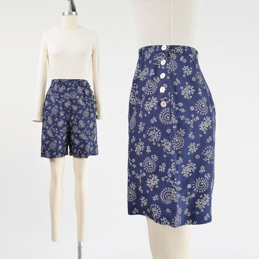 Vintage 90s Woolrich Navy Floral Print High Waisted Button Down Shorts size S