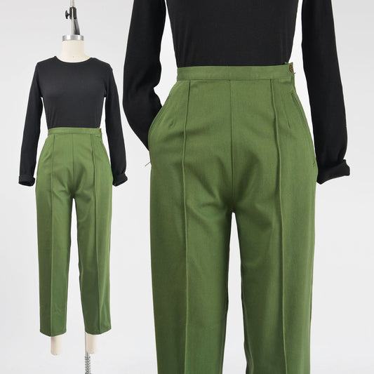 Vintage 90s olive green high waisted slim cigarette pants.