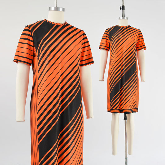 Vintage 60s Orange and Black Striped Knit Mod Shift Dress size S