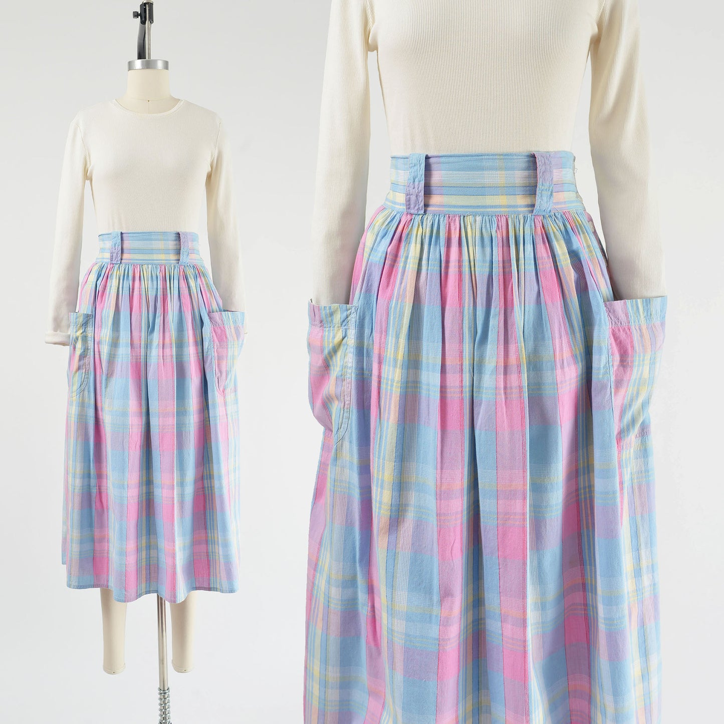 Vintage 80s pastel plaid cotton full midi skirt. 