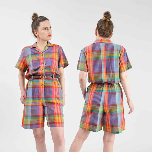 Vintage 90s plaid cotton button front bermuda shorts romper.