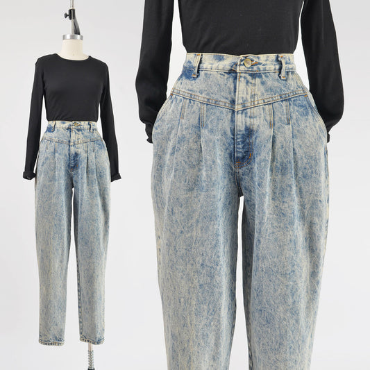 Vintage 80s acid wash pleated front jeans. 