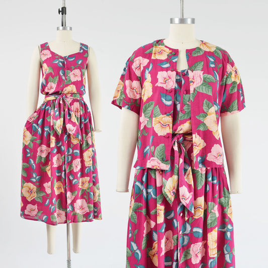 Vintage floral print cotton shirt and dress two piece set.