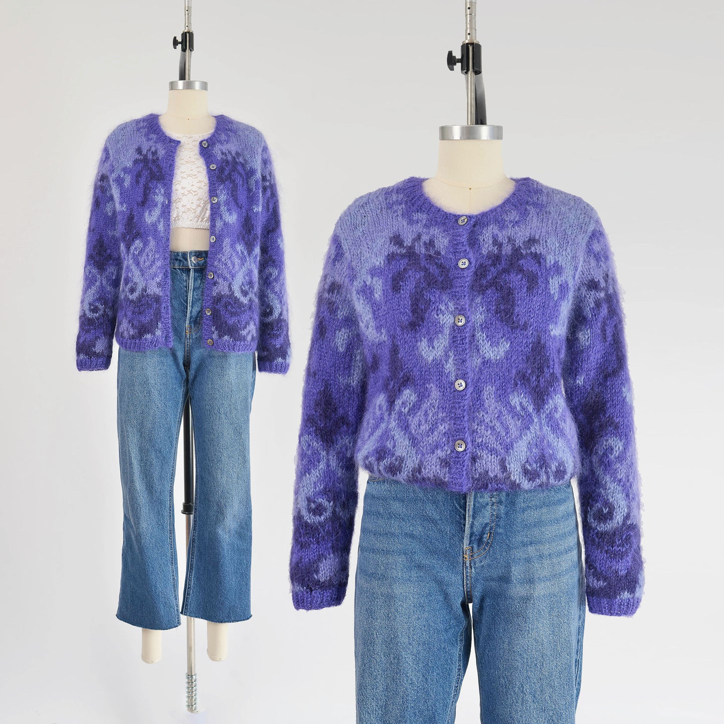 Vintage 90s Purple Damask Mohair Button Down Sweater Cardigan size S