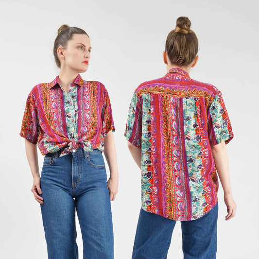 Vintage 90s colorful painterly floral striped short sleeve oversized shirt.