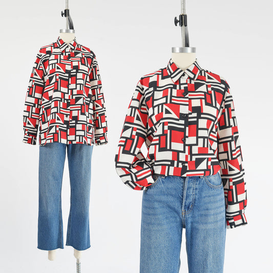 Vintage 90s Y2K geometric print collared button down blouse. 