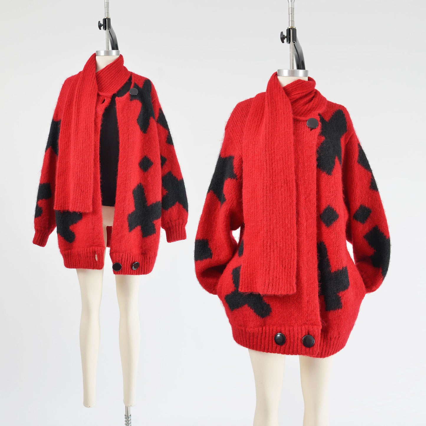 Vintage 80s red and black mohair wool sweater jacket.