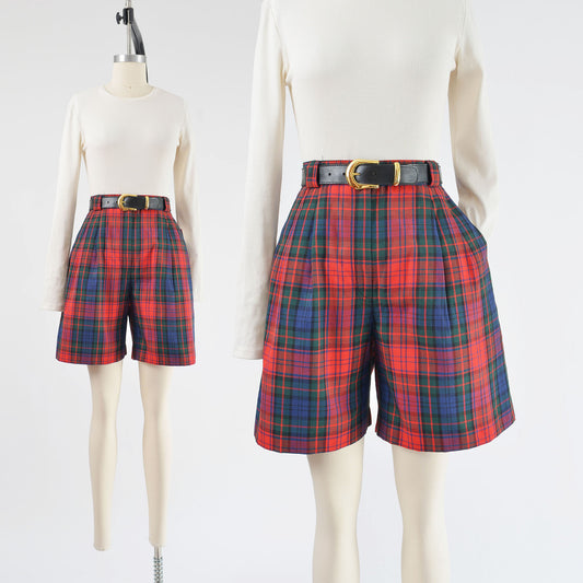 Vintage 90s Red Plaid High Waisted Pleated Bermuda Shorts with Belt size M