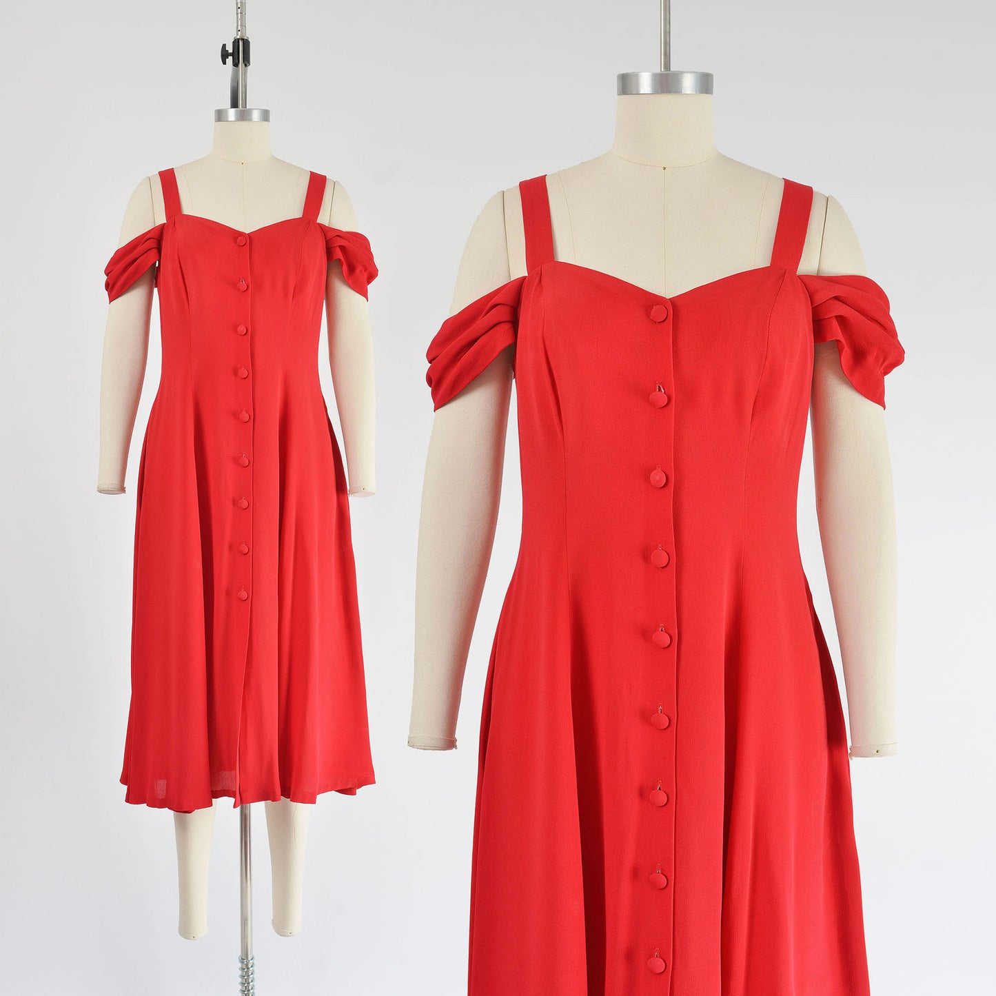 Vintage 90s Red Off Shoulder Button Front Midi Dress size S