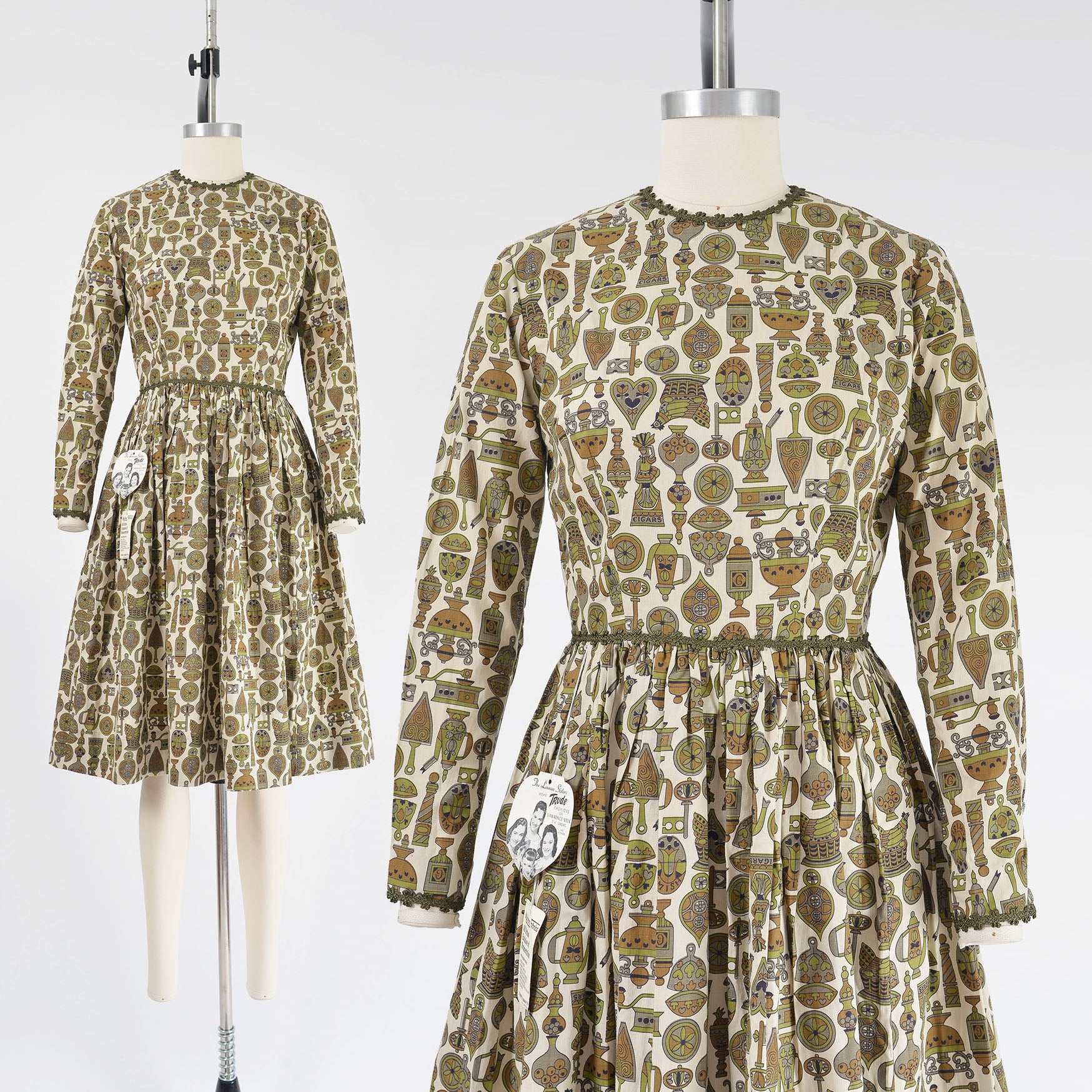 Vintage 60s tan and green novelty print dress with full gathered skirt. 