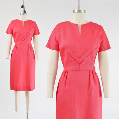 Vintage 60s Pink Linen Midi Length Sheath Dress with Pockets size S