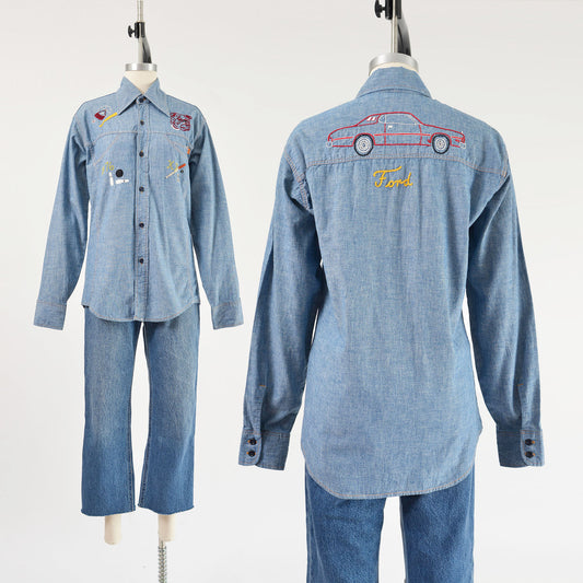 Vintage 70s Levi's blue cotton embroidered novelty shirt.