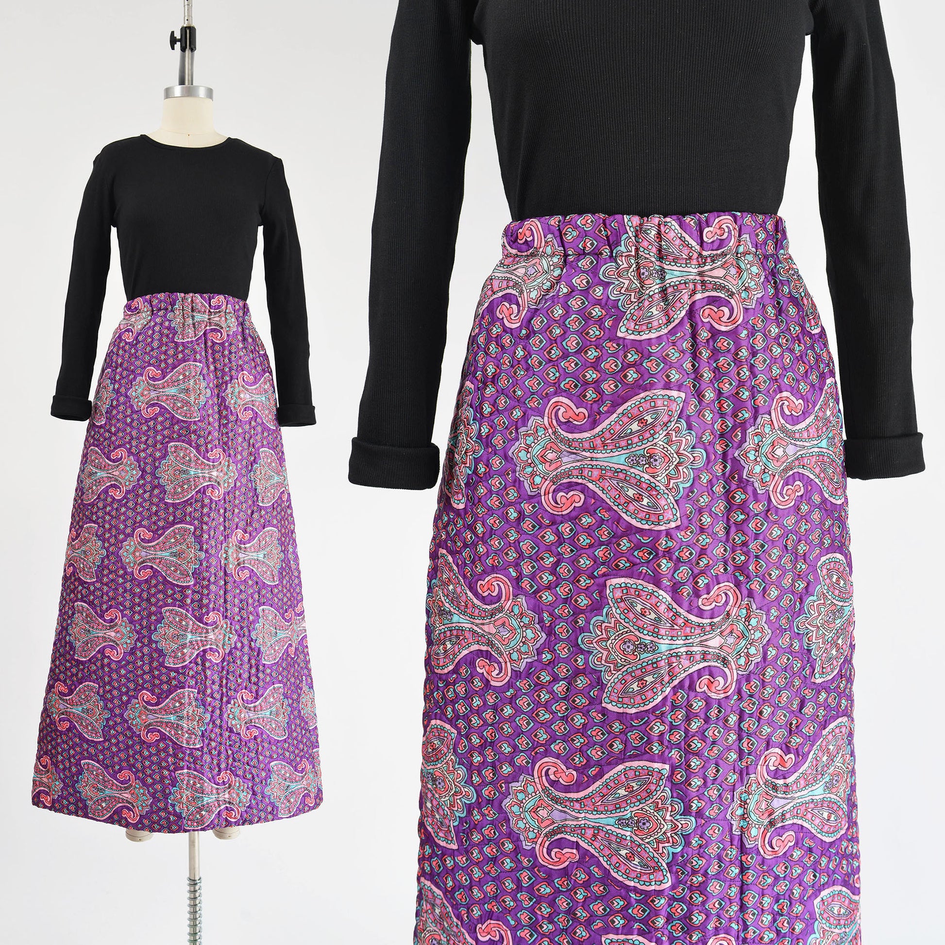 Vintage 70s purple paisley print quilted maxi skirt.