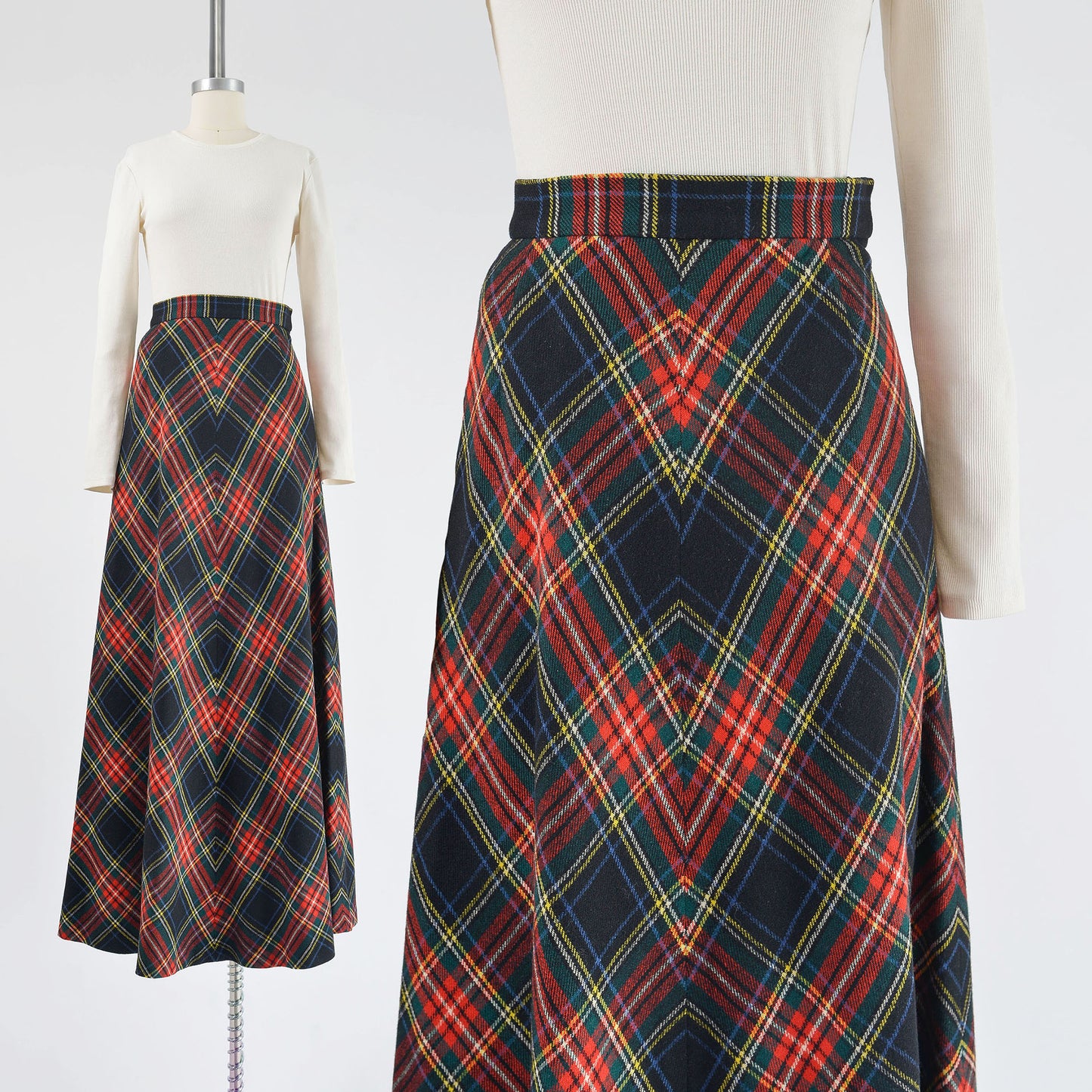 Vintage 70s tartan plaid Scottish wool maxi skirt.