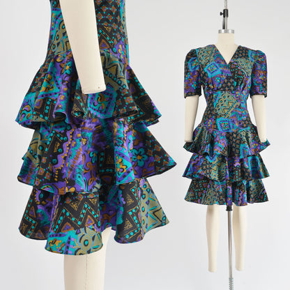 Vintage 80s abstract print cotton dress with tiered ruffle skirt.