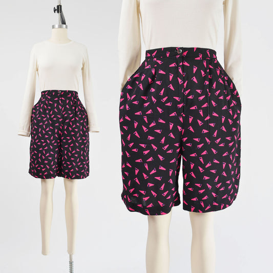 Vintage 90s black and pink geometric new wave print shorts.