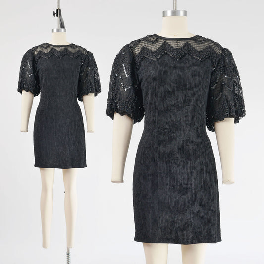 Vintage 90s Black Sheer Zig Zag Sequin Puff Sleeve Mini Dress