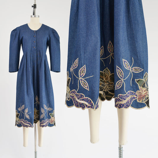 Vintage 80s denim puff sleeve dress with floral embroidery.