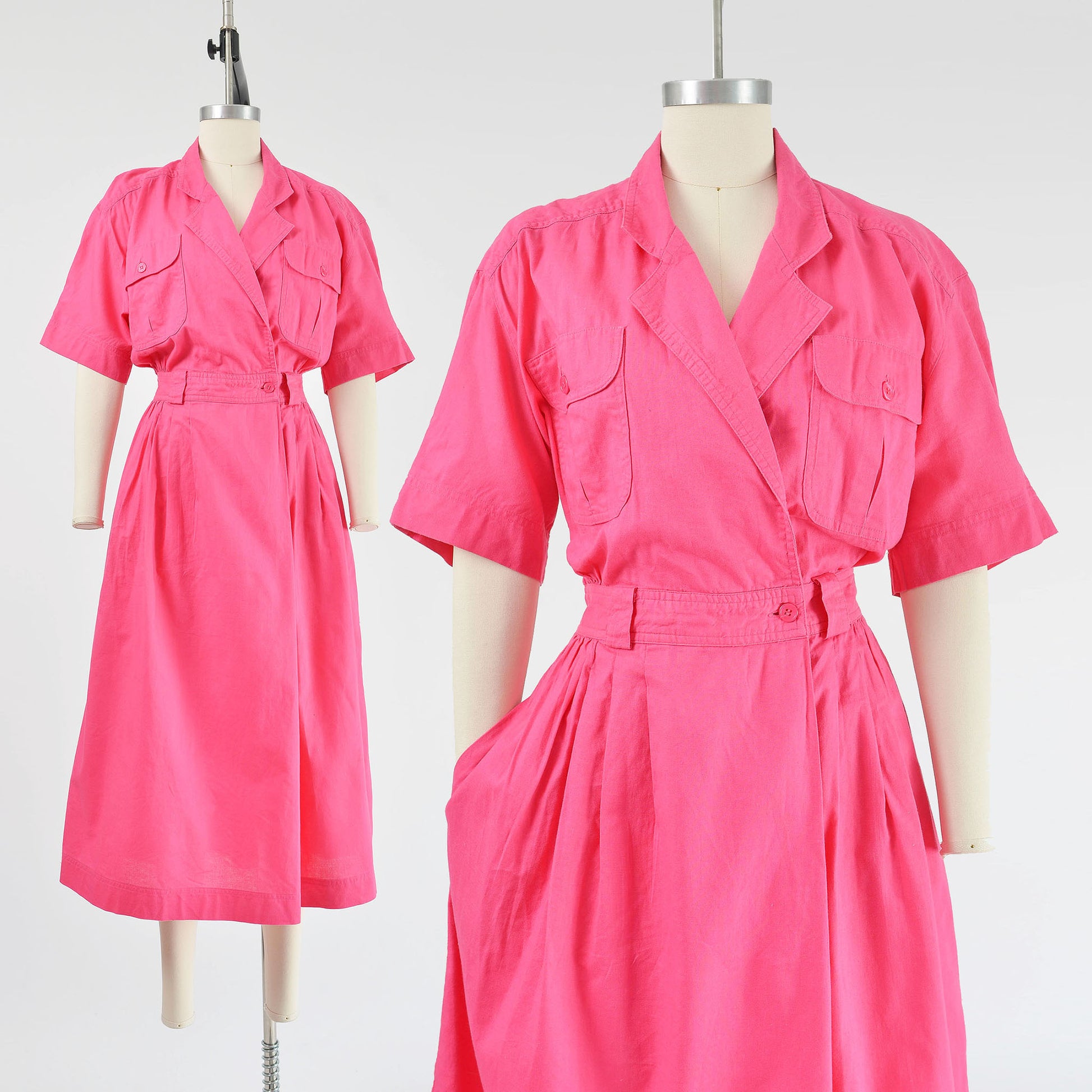 Vintage 80s pink cotton shirt dress. Midi length with pockets.