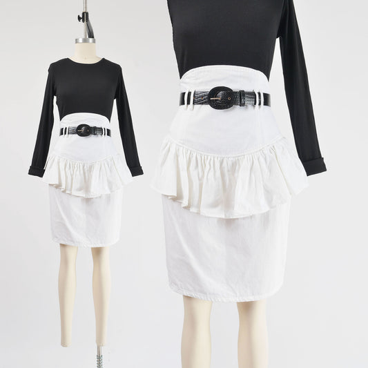 Vintage 80s Fredericks of Hollywood White Cotton Ruffle Waist Pencil Skirt size S