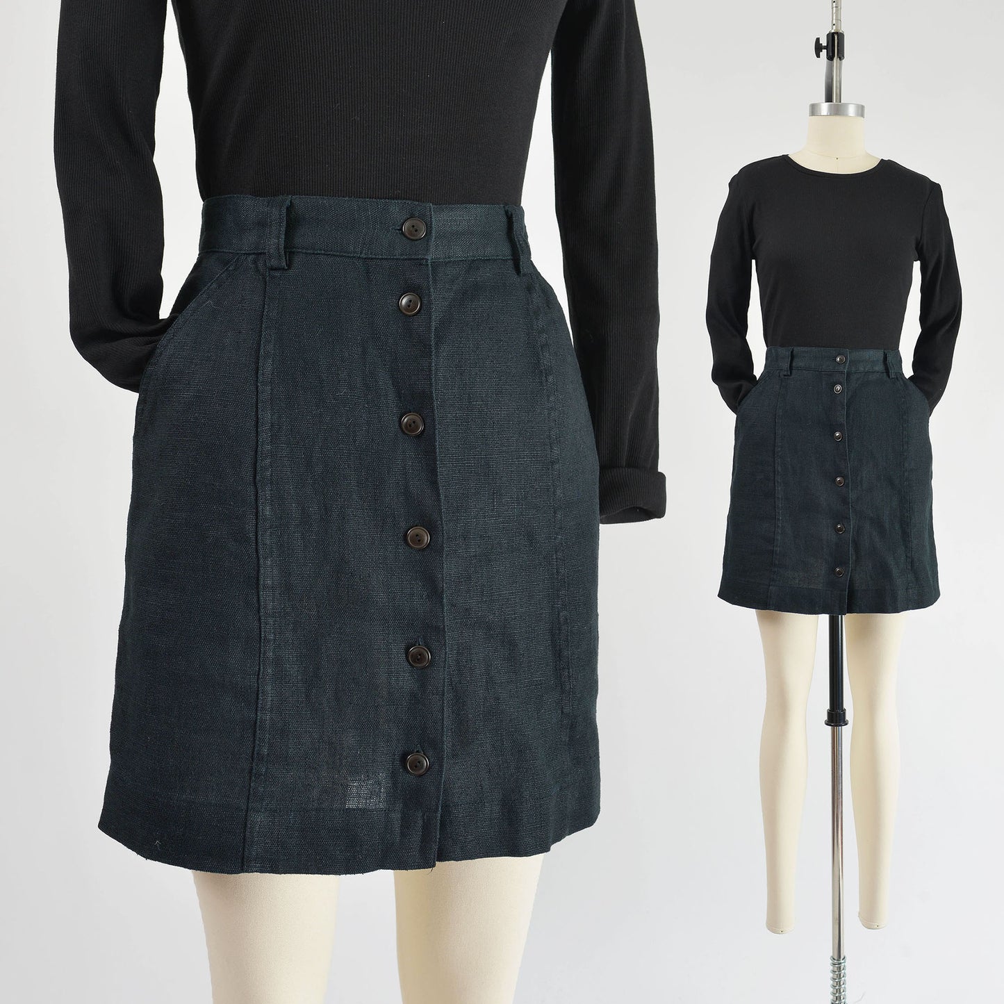 Vintage 90s Gap Black Linen Button Front Mini Skirt size XS S