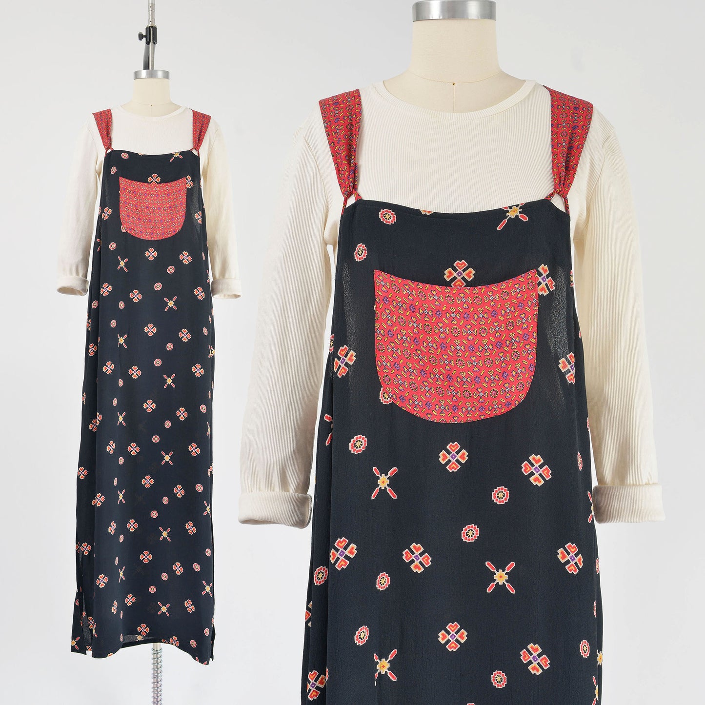 Vintage 90s black and red print overalls maxi dress.