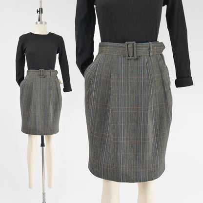 Vintage 90s black plaid skirt. Cotton blend fabric. Belted waist. 