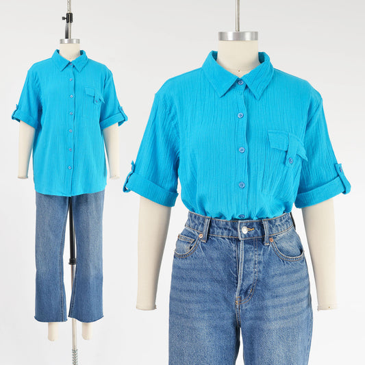 Vintage 90's bright blue shirt. Cotton gauze fabric. Collared neckline. Short sleeves. Button down front.